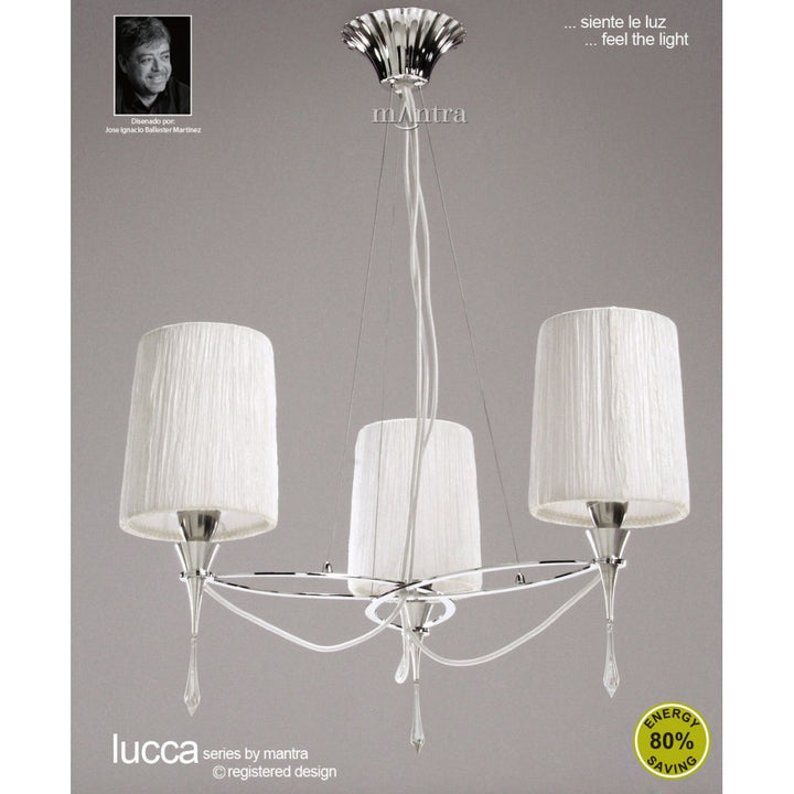 Mantra M1313 Lucca Pendant 3 Light E27 Polished Chrome White Shades & Clear Crystal