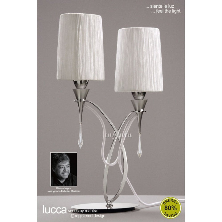 Mantra M1314 Lucca Table Lamp 2 Light E27 Polished Chrome White Shades & Clear Crystal