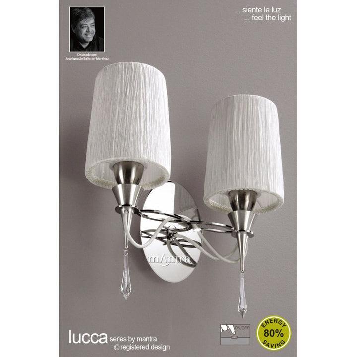 Mantra M1318/S Lucca Wall Lamp Switched 2 Light E27 Polished Chrome White Shades & Clear Crystal