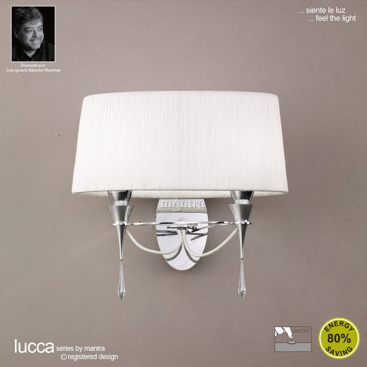 Mantra M1340/S Lucca Wall Lamp Switched 2 Light E27 Polished Chrome White Shade & Clear Crystal