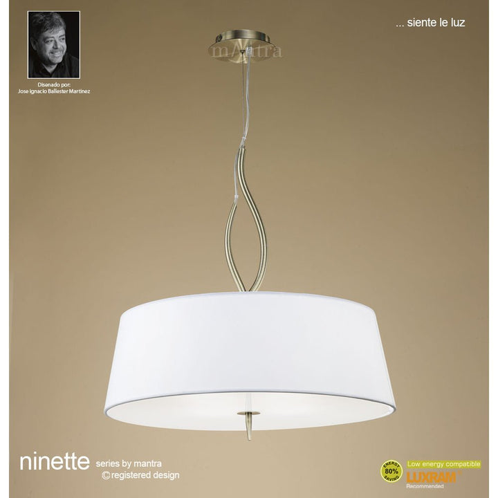 Mantra M1922 Ninette Pendant 4 Light E27 Antique Brass Ivory White Shades