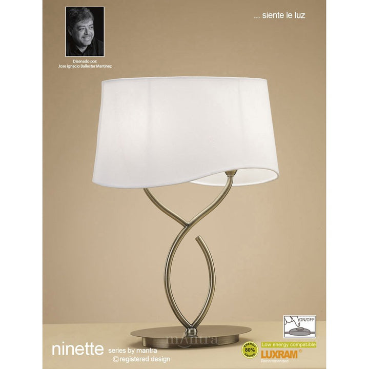 Mantra M1926 Ninette Table Lamp 2 Light E14 Large Antique Brass Ivory White Shade