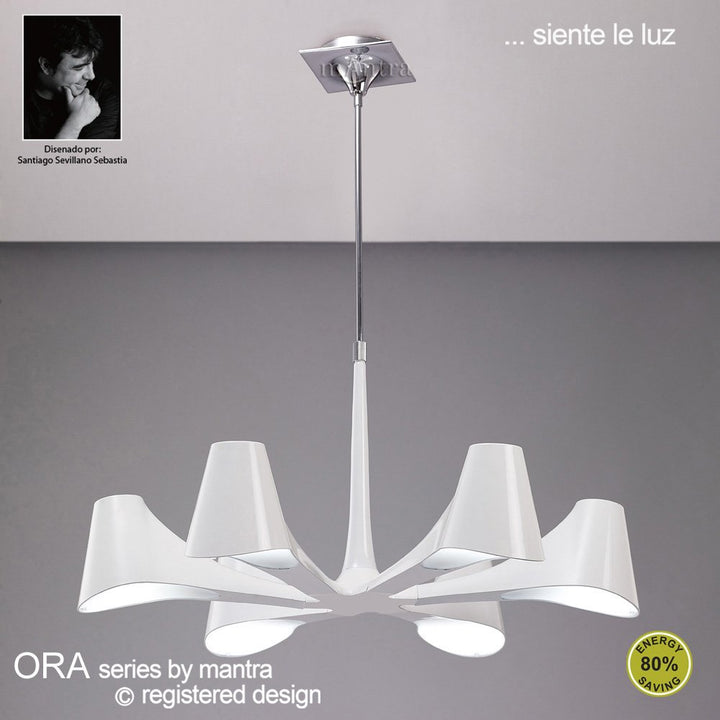 Mantra M1580 Ora Telescopic Convertible To Semi Flush 6 Light E27 Gloss White/White Acrylic/Polished Chrome