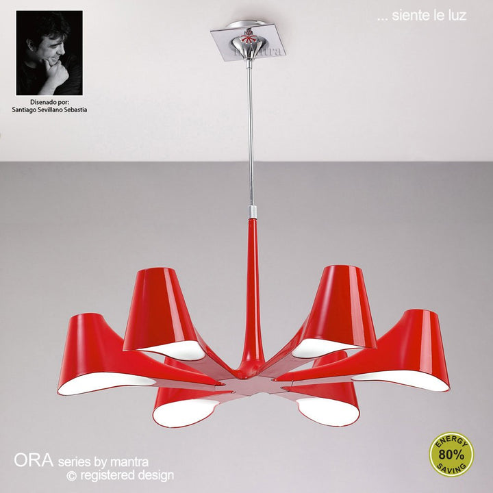 Mantra M1600 Ora Telescopic Convertible To Semi Flush 6 Light E27 Gloss Red/White Acrylic/Polished Chrome