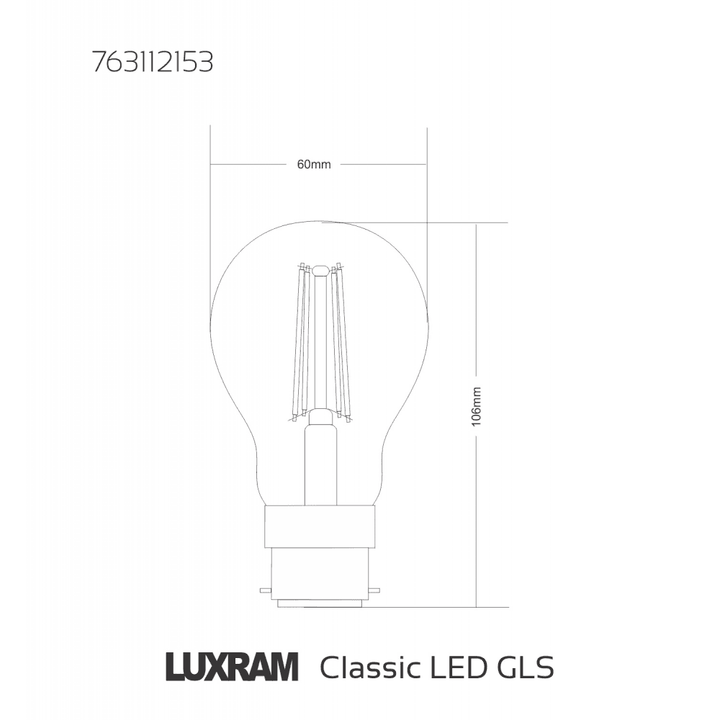 Luxram 763112153 B22 GLS LED 8W Warm White Clear
