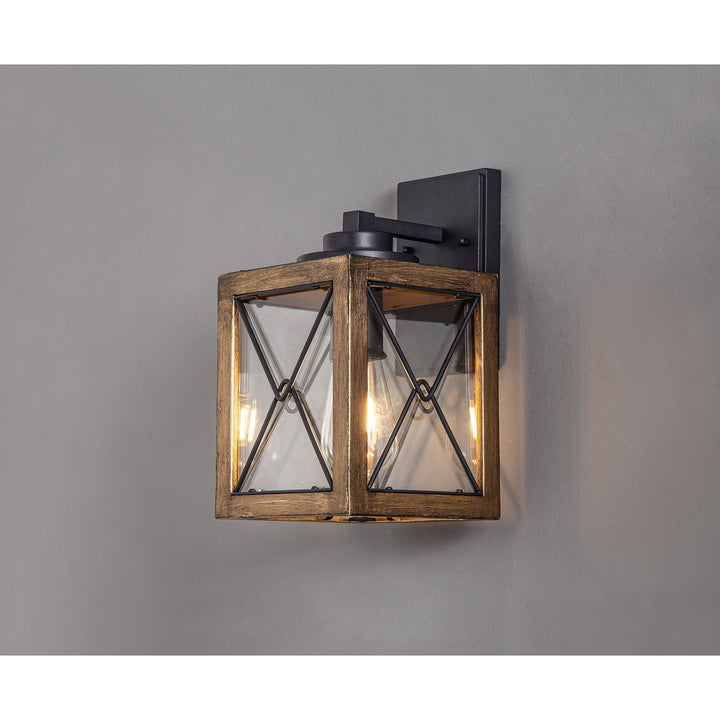 Nelson Lighting NL83719 Rowley Outdoor Small Wall Lamp Wood Effect & Black/Clear Glass