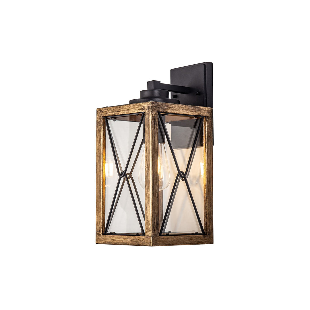 Nelson Lighting NL83729 Rowley Outdoor Large Wall Lamp Wood Effect & Black/Clear Glass