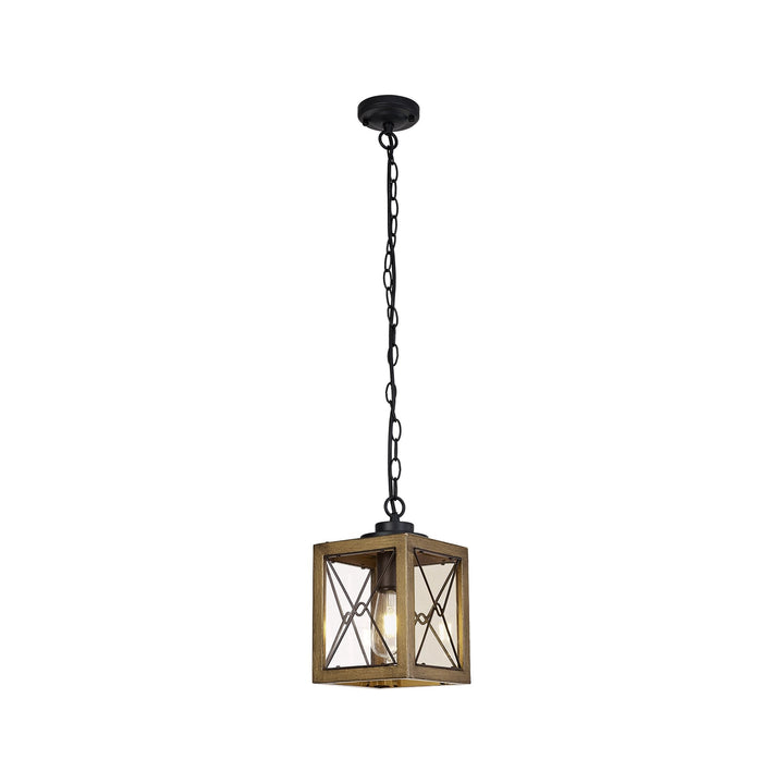 Nelson Lighting NL83739 Rowley Outdoor Pendant Wood Effect & Black/Clear Glass