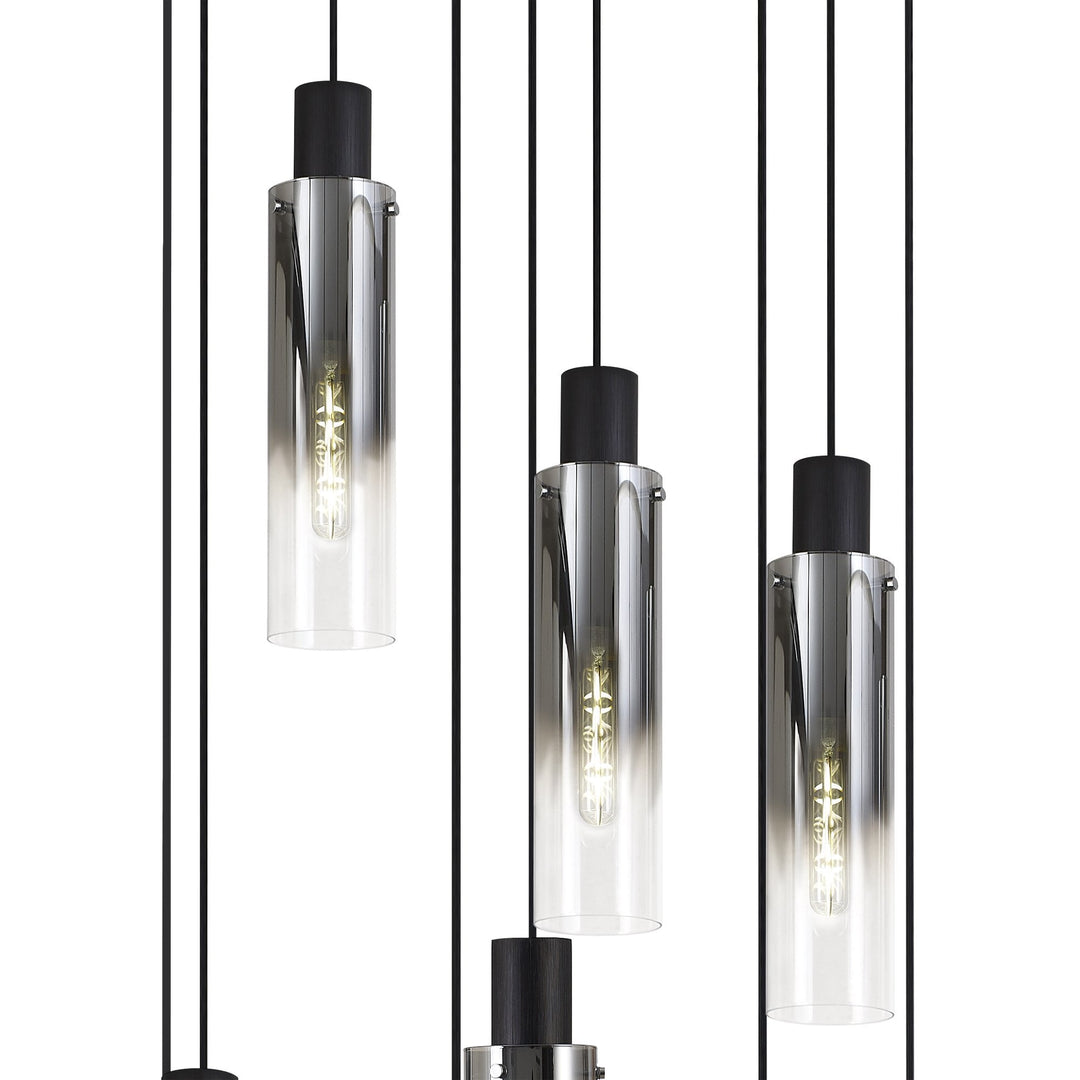 Nelson Lighting NL84919 | Blade Slim Round Pendant | 9 Light Adjustable Black/Smoke Fade Glass