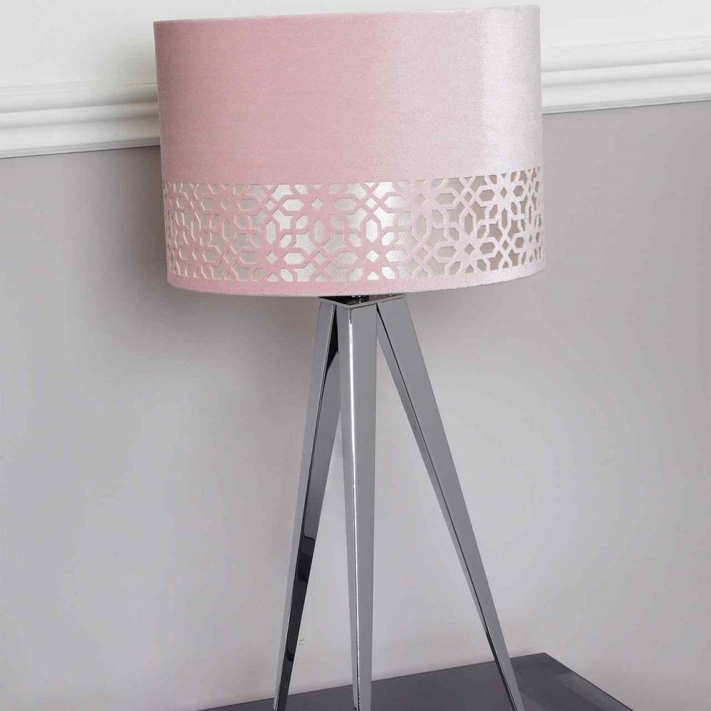 Nelson Lighting SL6BT615-M0-STN-CHPK Medium Chrome Hollywood Table Lamp Pink Shade