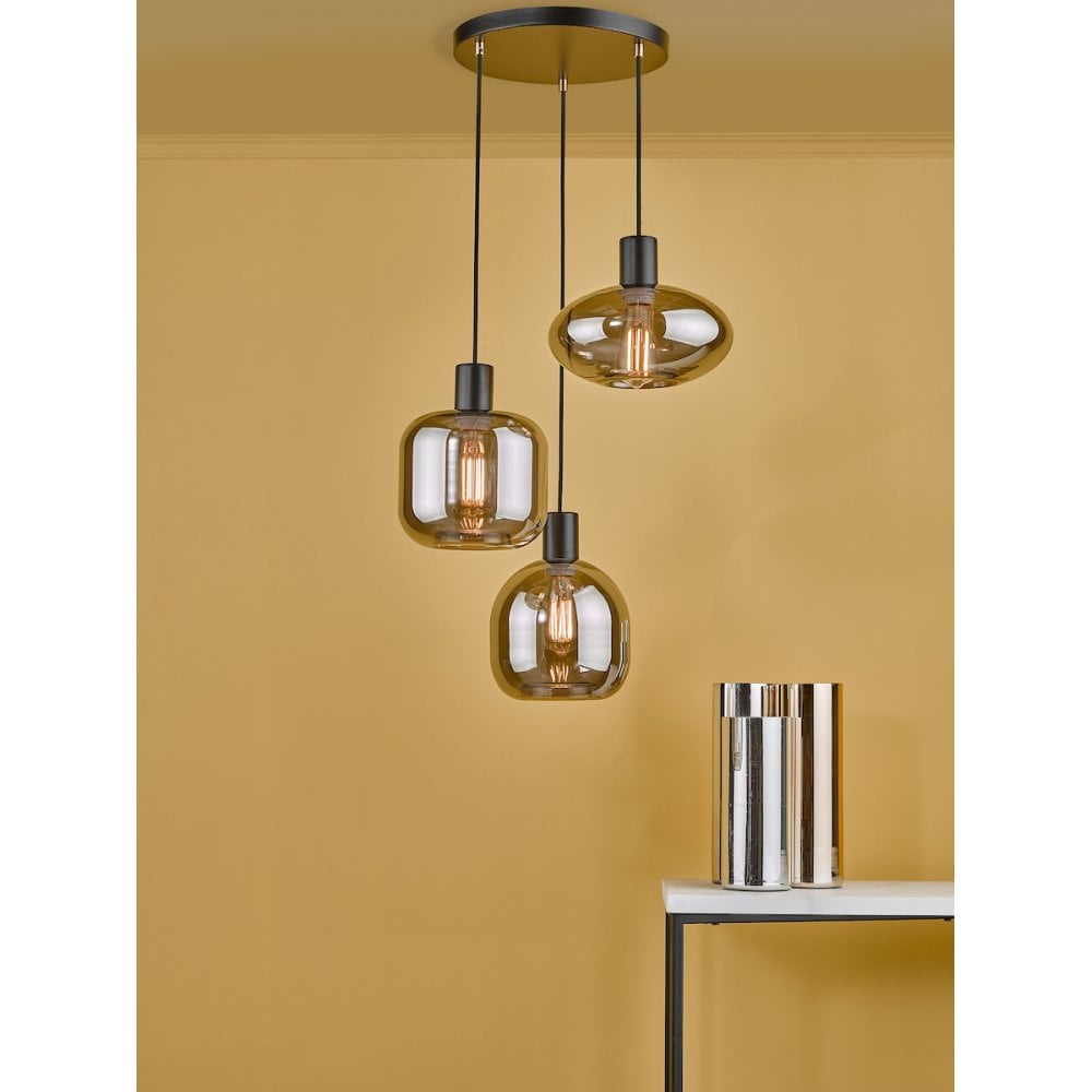 Dar AID0310 Aiden 3 Light Cluster Pendant Satin Black & Smoked