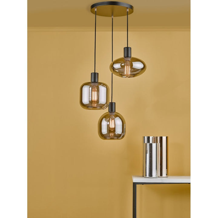 Dar AID0310 Aiden 3 Light Cluster Pendant Satin Black & Smoked