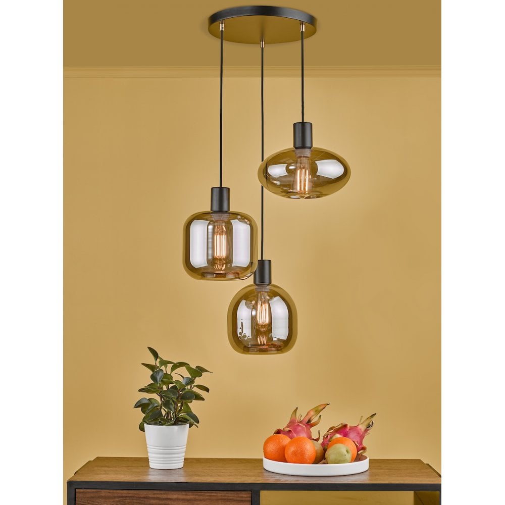 Dar AID0310 Aiden 3 Light Cluster Pendant Satin Black & Smoked