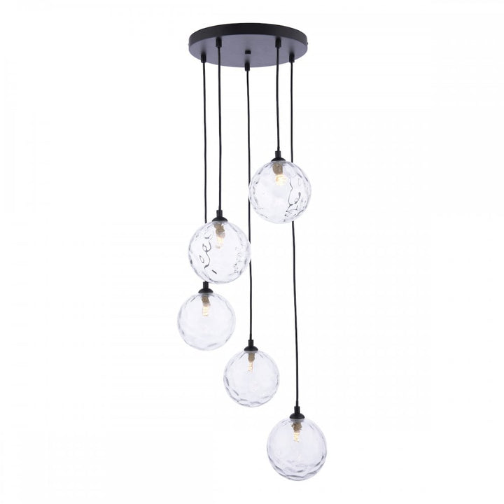 Dar FED0522-12 Federico 5 Light Cluster Pendant Matt Black Clear Dimpled Glass