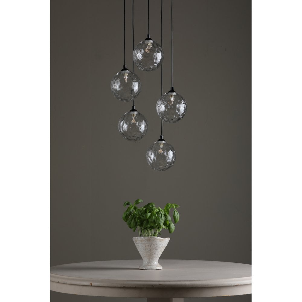 Dar FED0522-12 | Federico | 5-Light Cluster Pendant | Matt Black with Clear Dimpled Glass