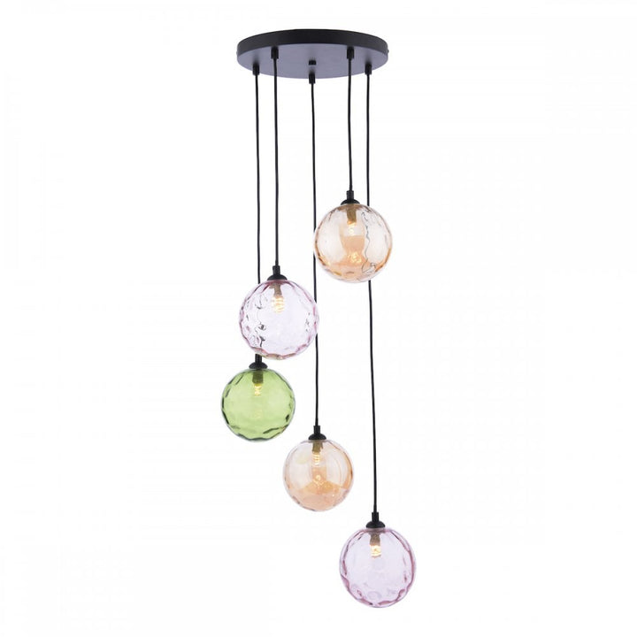 Dar FED0522-MIX Federico 5 Light Cluster Pendant Matt Black Mixed Coloured Glass