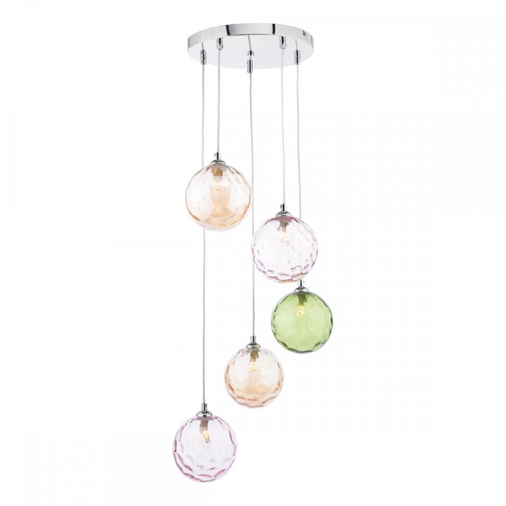 Dar FED0550-MIX | Federico | 5-Light Cluster Pendant | Polished Chrome with Mixed Coloured Glass