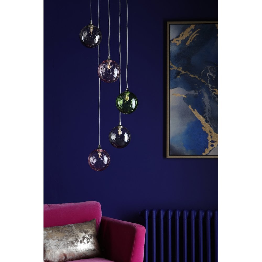 Dar FED0550-MIX | Federico | 5-Light Cluster Pendant | Polished Chrome with Mixed Coloured Glass