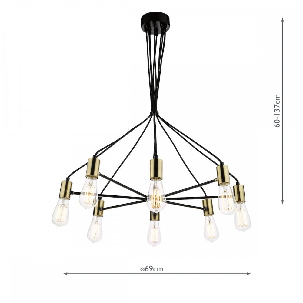 Dar GAB0854 Gabriel 8 Light Pendant Satin Black Antique Gold