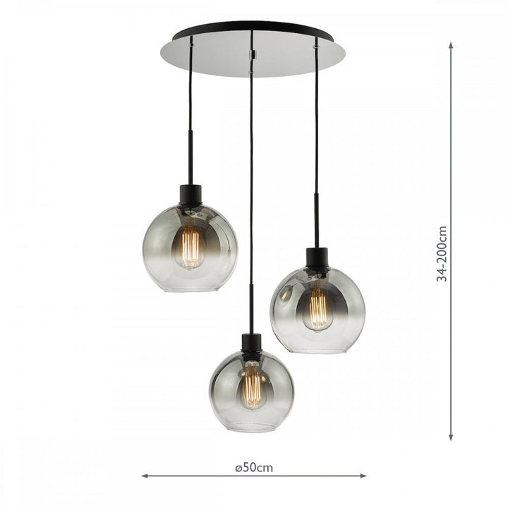 Dar LYC8822 Lycia 3 Light Cluster Pendant Matt Black Smoked Ombre Glass