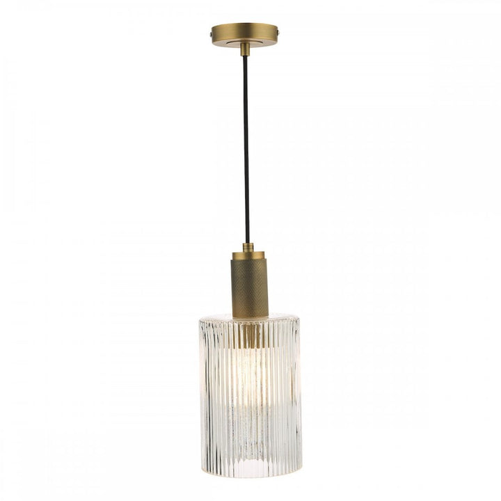 Dar NIK0140-E01 Nikolas Pendant Natural Solid Brass Ribbed Cylinder Glass