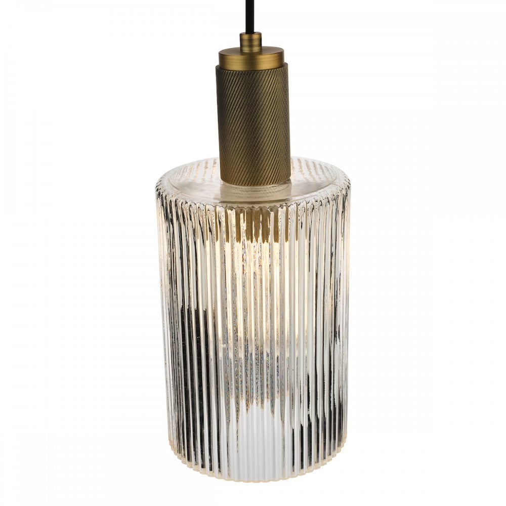 Dar NIK0140-E01 Nikolas Pendant Natural Solid Brass Ribbed Cylinder Glass