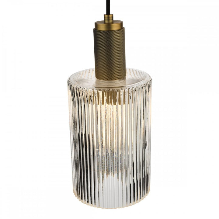 Dar NIK0140-E01 Nikolas Pendant Natural Solid Brass Ribbed Cylinder Glass
