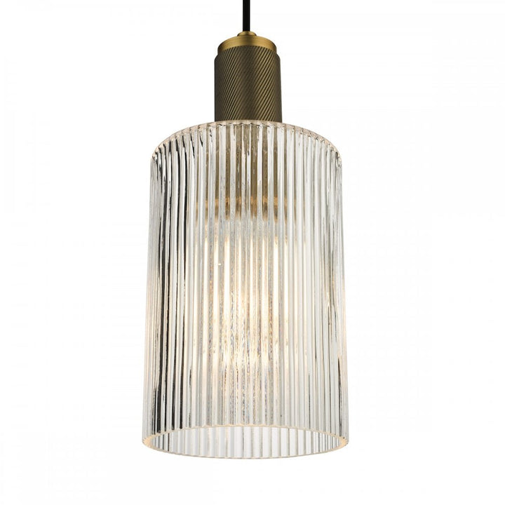Dar NIK0140-E01 Nikolas Pendant Natural Solid Brass Ribbed Cylinder Glass