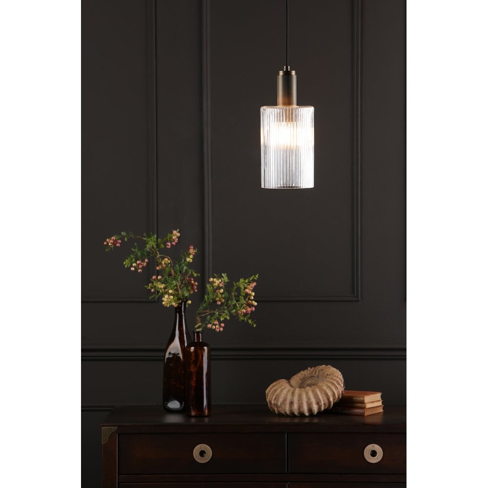 Dar NIK0140-E01 Nikolas Pendant Natural Solid Brass Ribbed Cylinder Glass