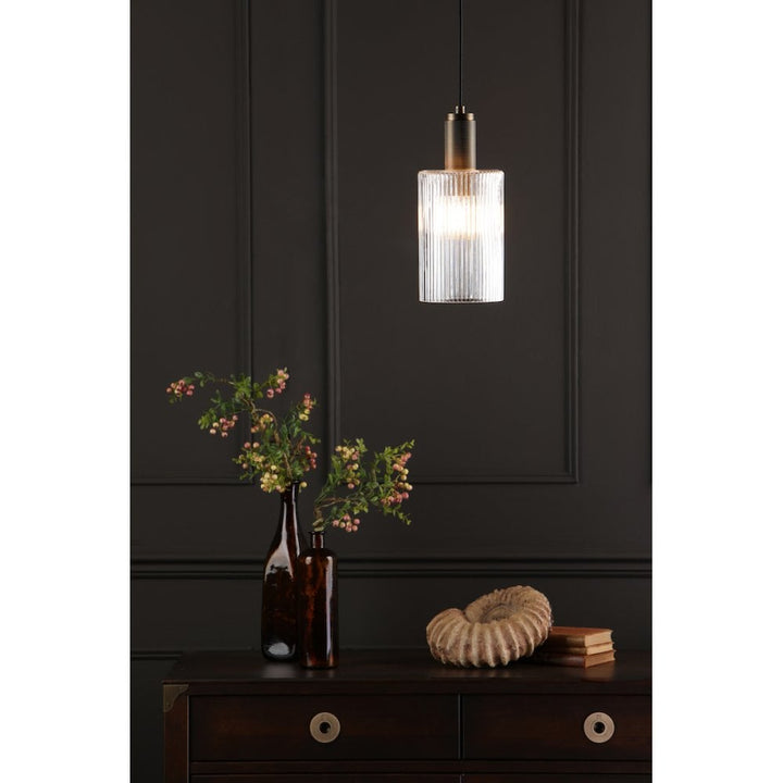 Dar NIK0140-E01 Nikolas Pendant Natural Solid Brass Ribbed Cylinder Glass