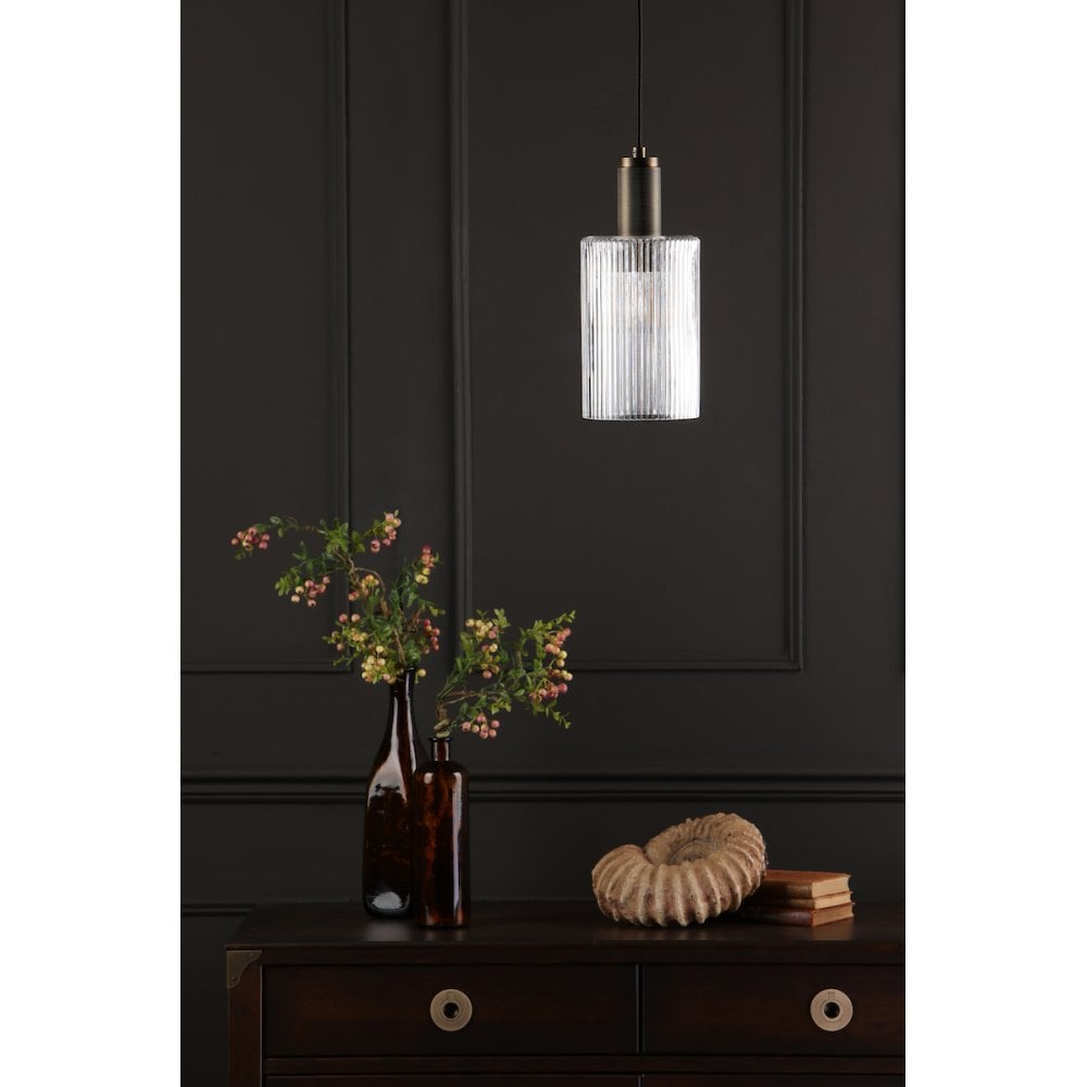 Dar NIK0140-E01 Nikolas Pendant Natural Solid Brass Ribbed Cylinder Glass