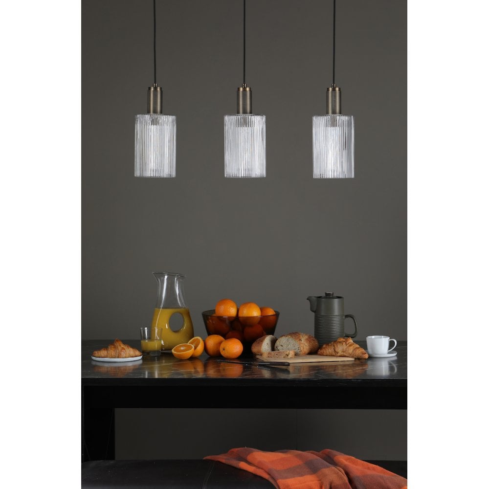 Dar NIK0140-E01 Nikolas Pendant Natural Solid Brass Ribbed Cylinder Glass