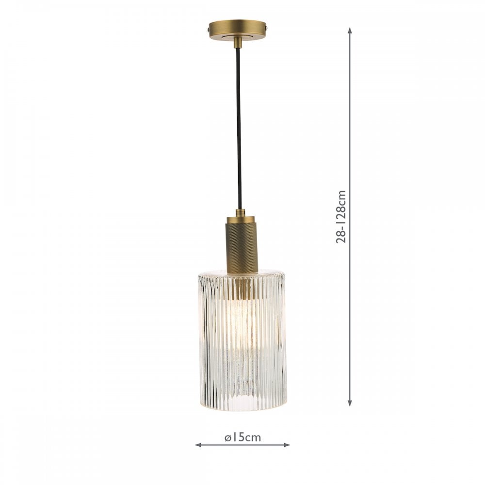 Dar NIK0140-E01 Nikolas Pendant Natural Solid Brass Ribbed Cylinder Glass