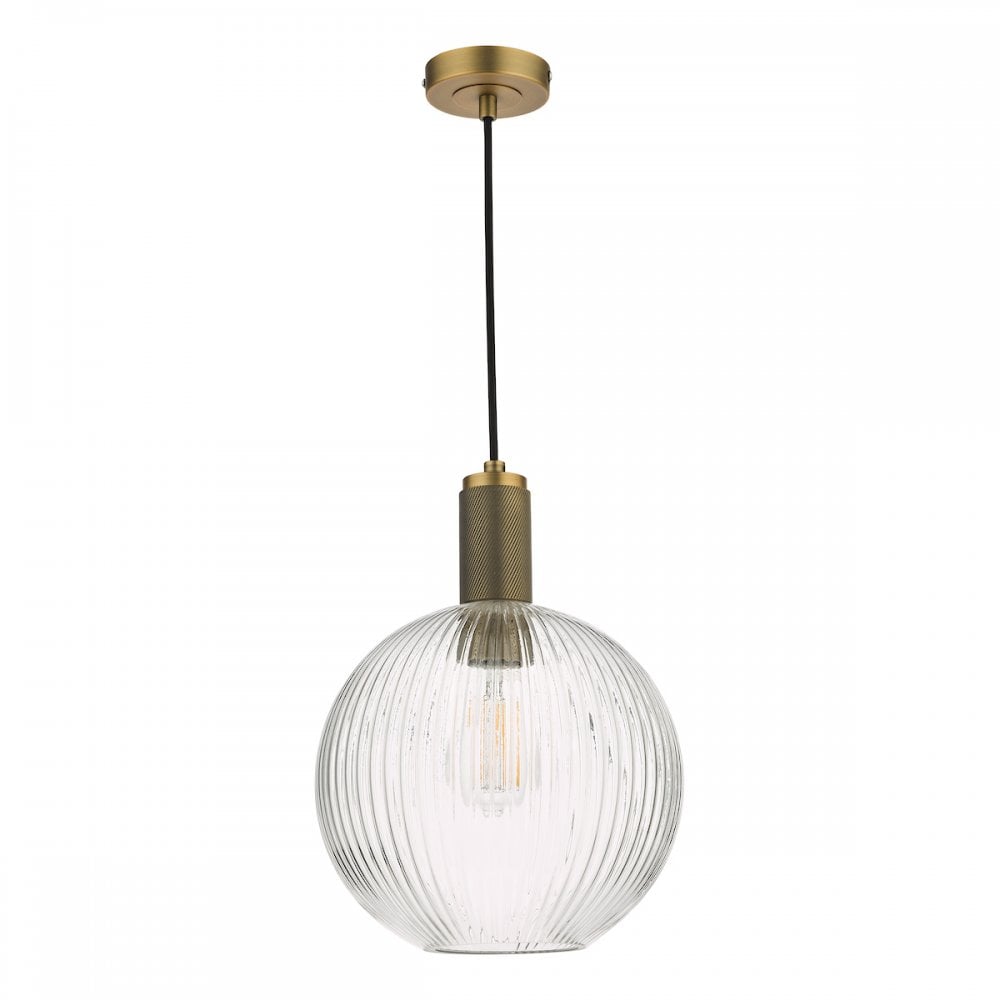 Dar NIK0140-E02 Nikolas Pendant Natural Solid Brass Ribbed Round Glass