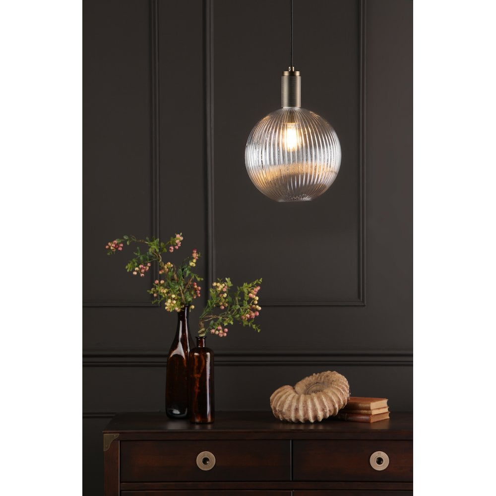 Dar NIK0140-E02 Nikolas Pendant Natural Solid Brass Ribbed Round Glass