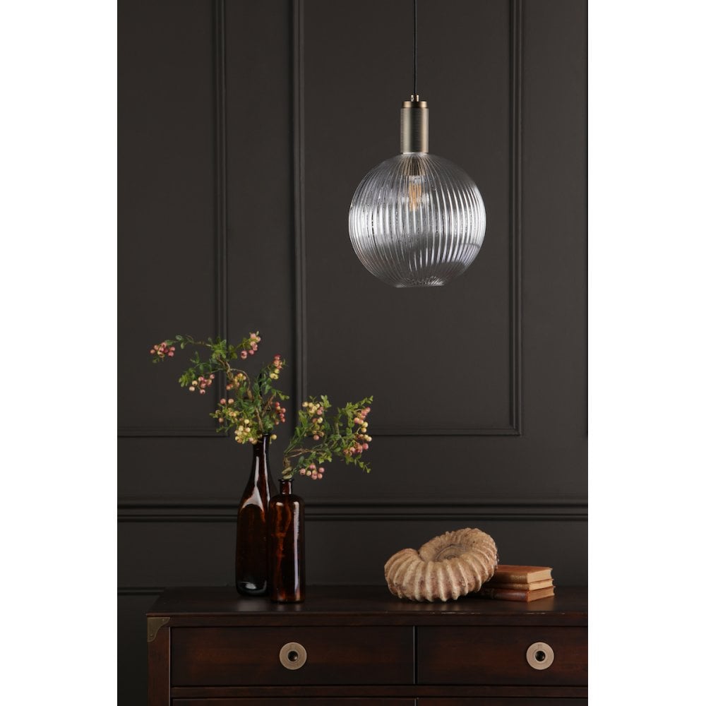 Dar NIK0140-E02 Nikolas Pendant Natural Solid Brass Ribbed Round Glass