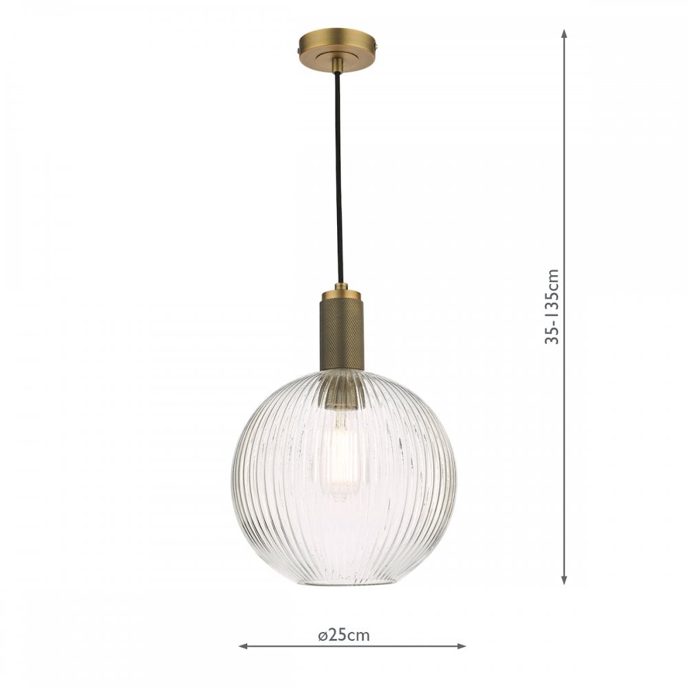 Dar NIK0140-E02 Nikolas Pendant Natural Solid Brass Ribbed Round Glass