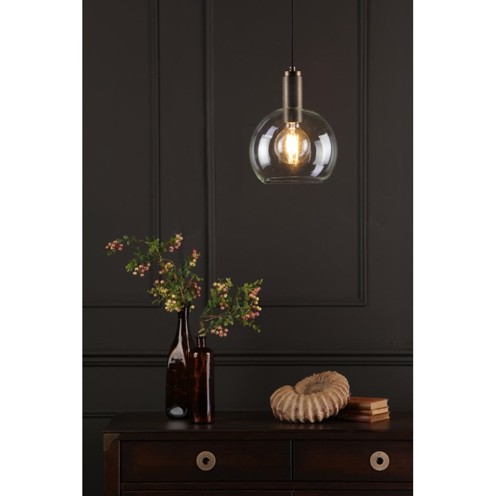 Dar NIK0140-E03 Nikolas Pendant Natural Solid Brass Round Clear Glass