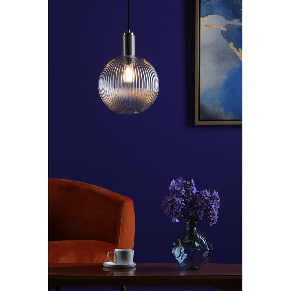 Dar NIK0167-E02 Nikolas Pendant Antique Chrome Ribbed Round Glass