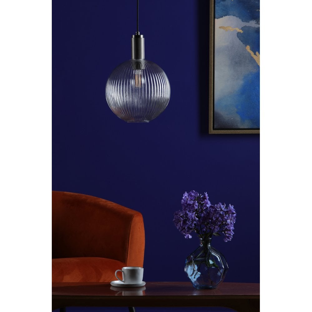 Dar NIK0167-E02 Nikolas Pendant Antique Chrome Ribbed Round Glass