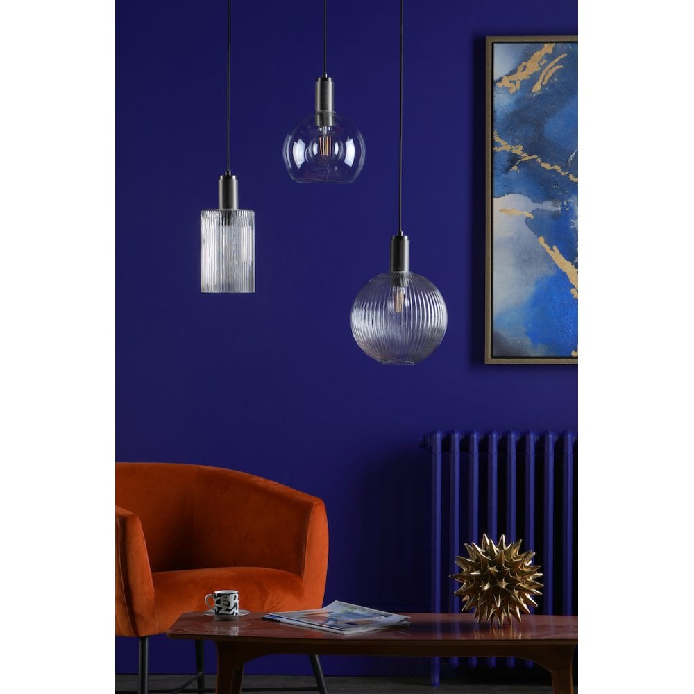 Dar NIK0167-E02 Nikolas Pendant Antique Chrome Ribbed Round Glass