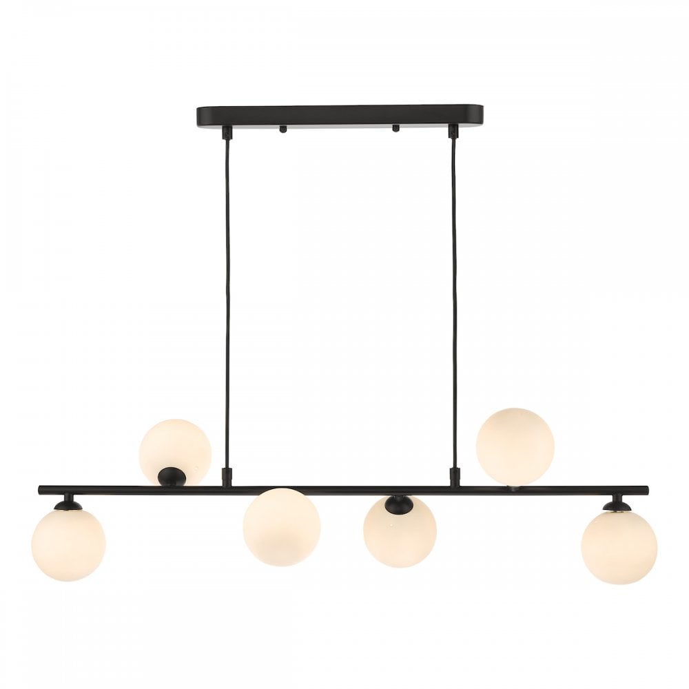 Dar SPI6422-02 Spiral 6 Light Bar Pendant Matt Black Opal Glass