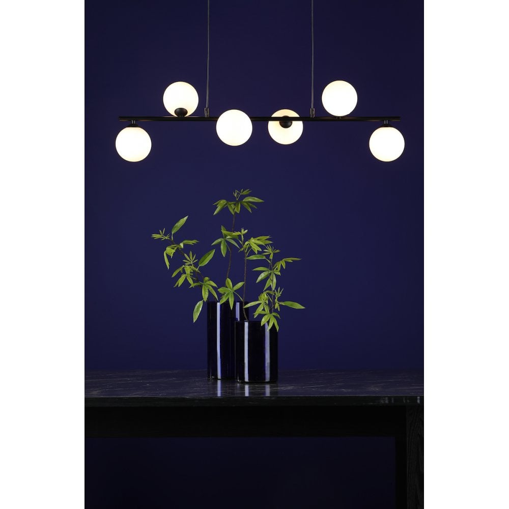 Dar SPI6422-02 Spiral 6 Light Bar Pendant Matt Black Opal Glass