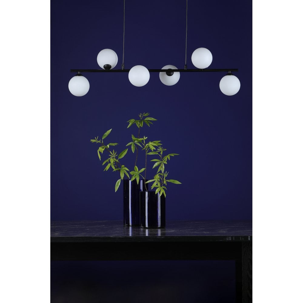 Dar SPI6422-02 Spiral 6 Light Bar Pendant Matt Black Opal Glass