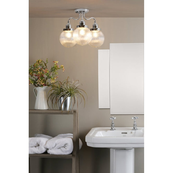 Dar TAM5350-IP44 | Tamara | 3 Light Bathroom Semi Flush | Polished Chrome & Ribbed Glass