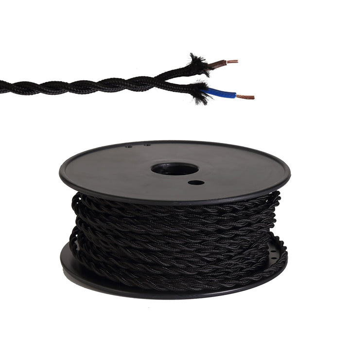 Nelson Lighting NL80909 Apollo 25m Roll Black Braided Twisted 2 Core 0.75mm Cable VDE Approved