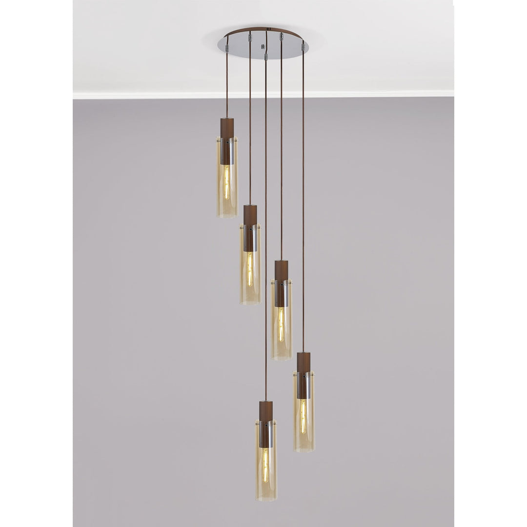 Nelson Lighting NL91669 Tokyo Slim 5 Light Round Pendant Mocha Polished Chrome