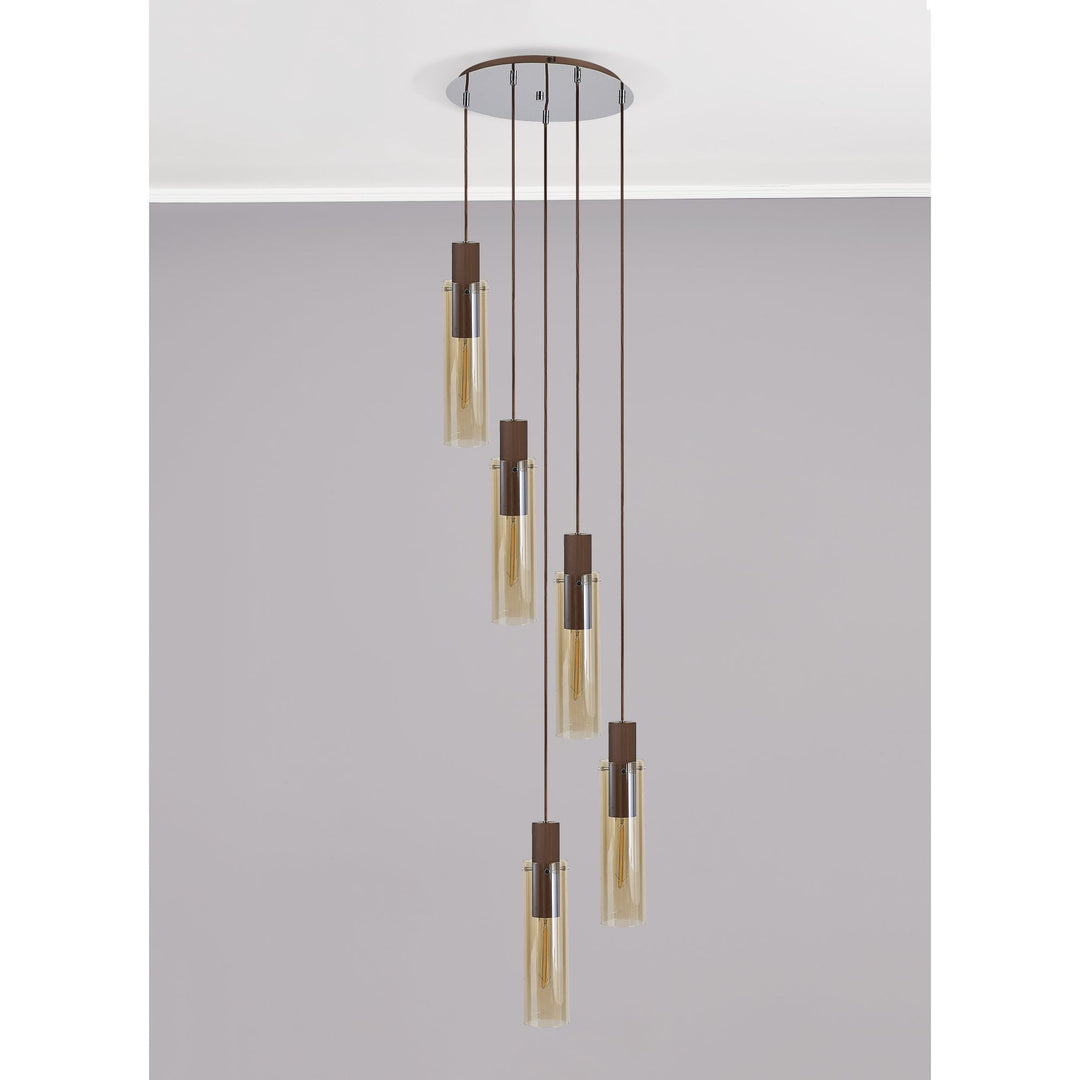 Nelson Lighting NL91669 Tokyo Slim 5 Light Round Pendant Mocha Polished Chrome