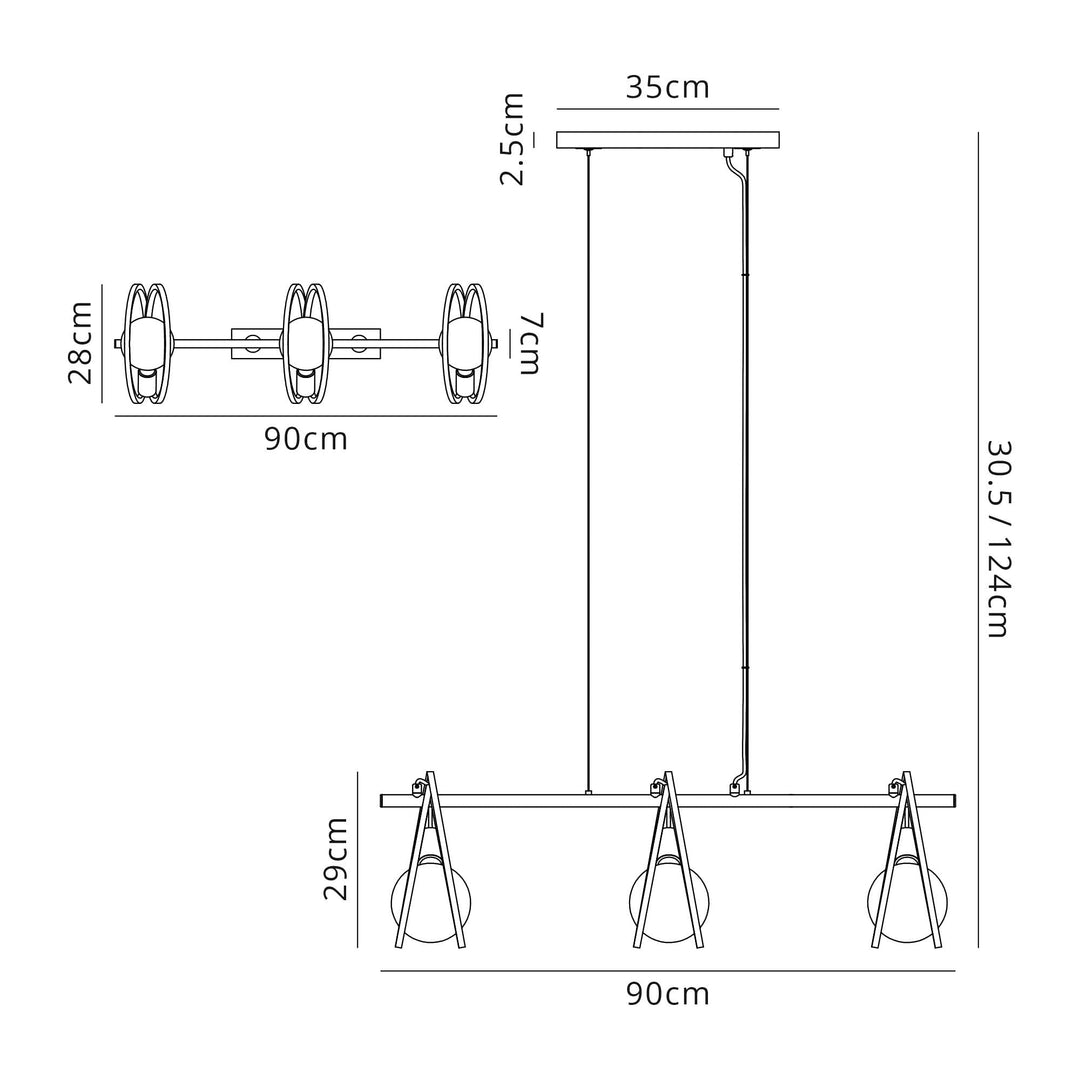 Nelson Lighting NL86749 Candio 3 Light Double Ring Linear Pendant Matt Black Painted Gold