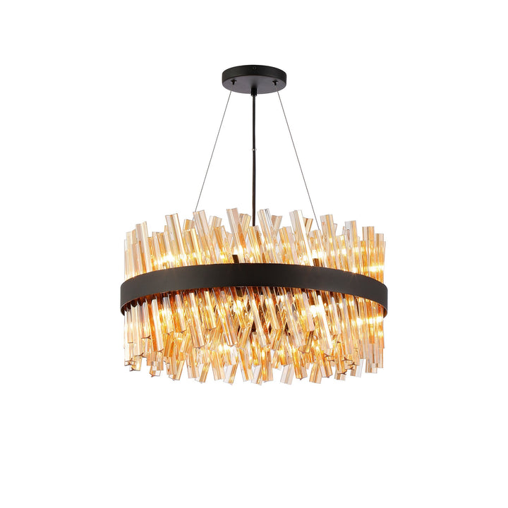 Nelson Lighting NL9500BL/AM9 Kaffer | 18 Light Round Pendant | Satin Black with Amber Glass